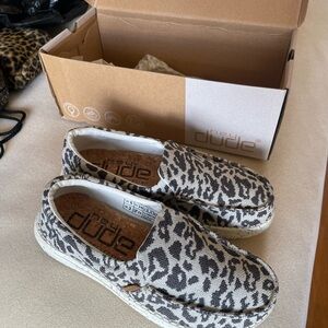 Hey Dude Tan and Black Leopard Print Slip-Ons